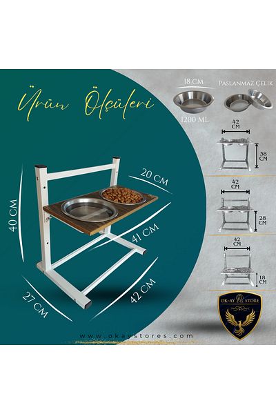 Okay Aybi̇sev Series 3-Level Height Adjustable Food and Water Stand for Cats and Medium-Large Breed Dogs