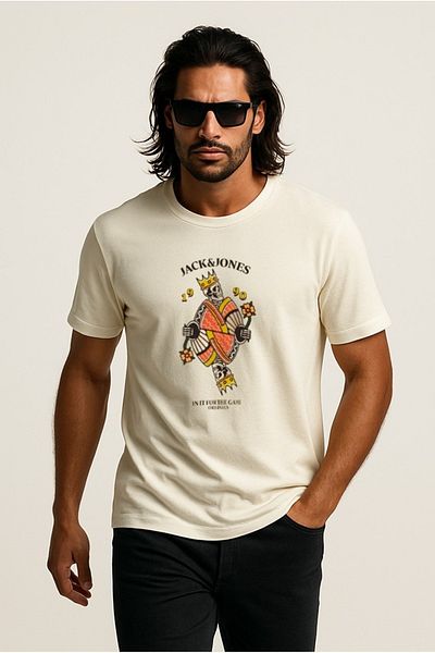 Jack & Jones Jack&jones JORANATOMY SKULL Λογότυπο O Neck Ανδρικό Μπλουζάκι Κρεμ Μπεζ με λαιμόκοψη