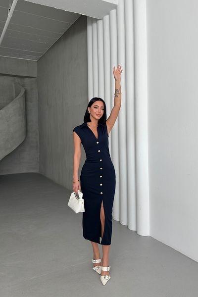 MOZENA Polo Neck Button Detailed Sleeveless Front Slit Long Dress