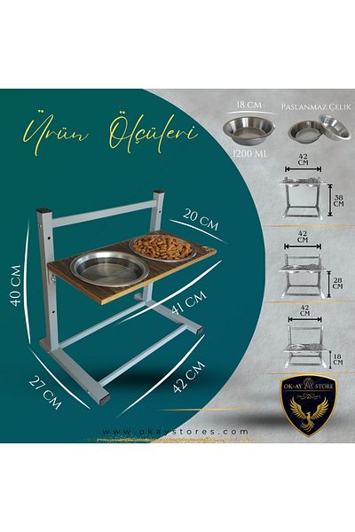 Okay Aybi̇sev Series 3-Level Height Adjustable Food and Water Stand for Cats and Medium-Large Breed Dogs
