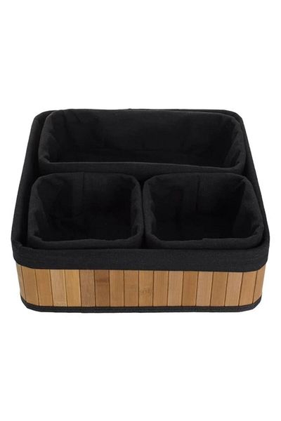 BREZIUM Set 4 storage baskets made of bamboo with fabric, Beige/Black, BREZIUM