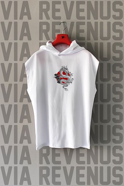 Vordevia Tricou sport cu glugă cu mâneci zero, 100% bumbac, imprimat Dragon față și spate