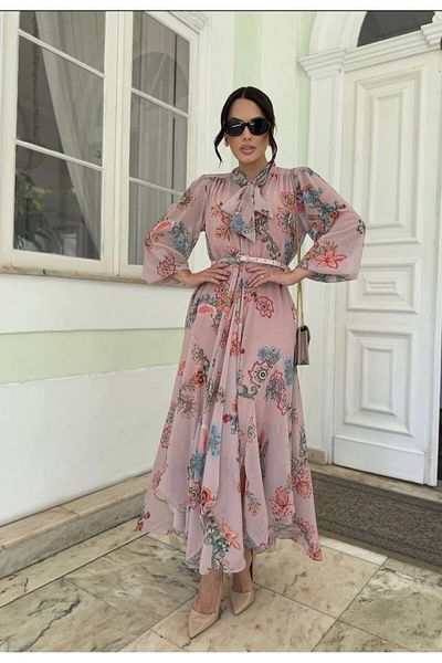 WellWay Imported Asymmetrical Chiffon Dress with Lining Inside Dress-Belt Included-Pink-2718