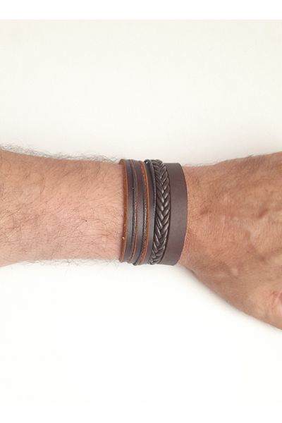 BSN Store Plain Design 3-Piece Genuine Leather Men's Bracelet