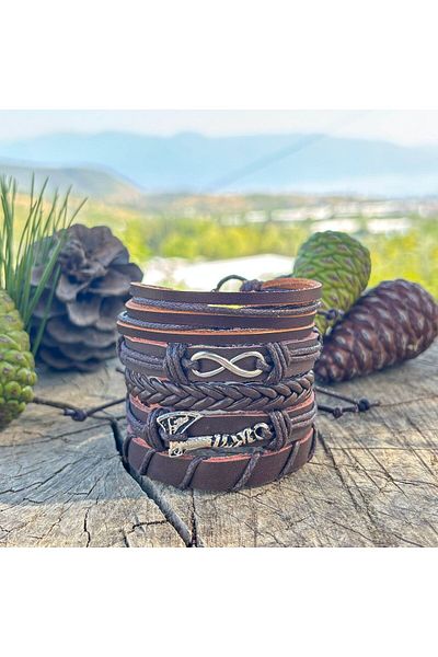 BSN Store Eternity and Ax Design 5-Piece Khaki Leather Men's Bracelet