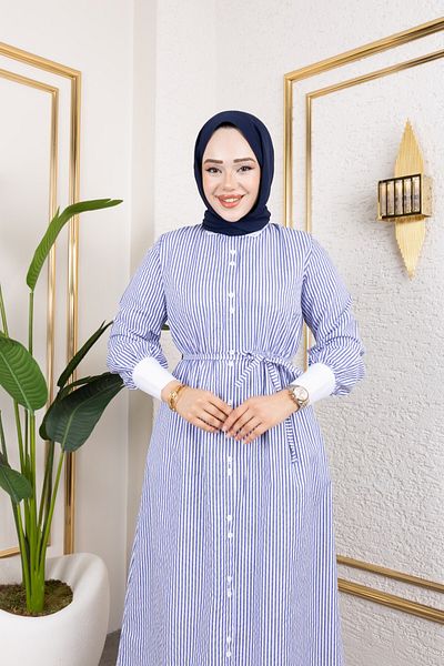 Eliva Women's Long White Striped Girdle Belted Evening Dress Hijab Dress