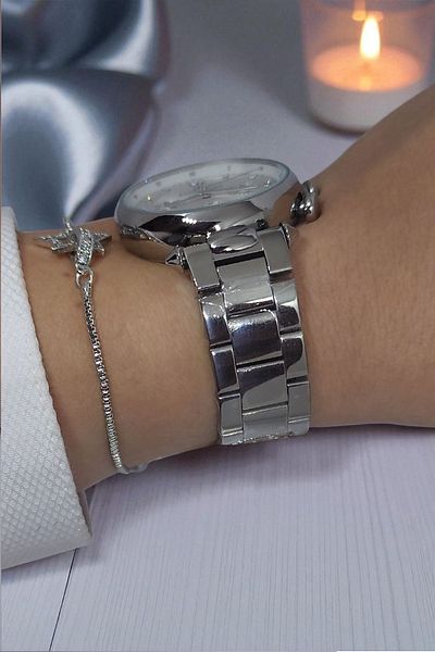 DAVID GUNER All Functions Active, Calendar, Stone Steel Bracelet Metallic Women's Wristwatch Bracelet Gift