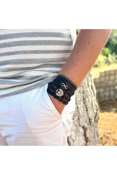 BSN Store Eternity and Tree of Life Design 5-Piece Genuine Leather Men's Bracelet