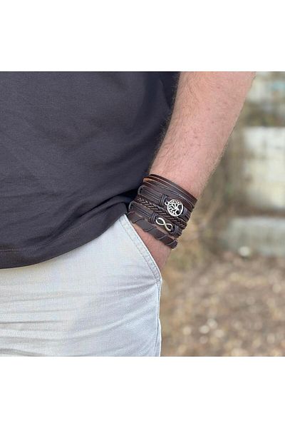 BSN Store Eternity and Tree of Life Design 5-Piece Genuine Leather Men's Bracelet