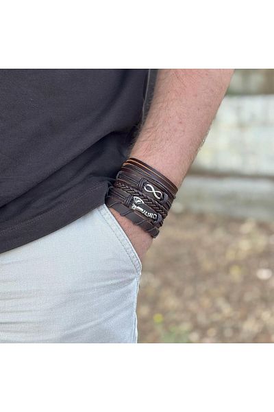 BSN Store Eternity and Ax Design 5-Piece Khaki Leather Men's Bracelet