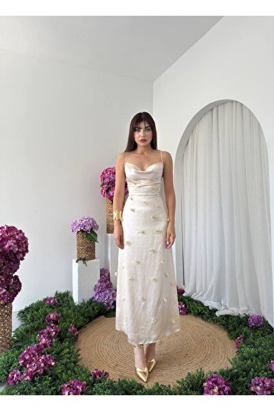 EtikaOnline Cera İp Askılı Çiçekli Saten Elbise