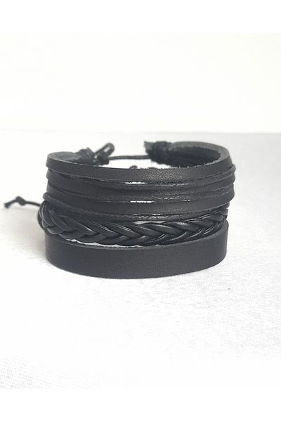 BSN Store Plain Design 3-Piece Genuine Leather Men's Bracelet