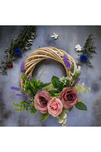 BARITCIOGLU Ornament de ușă cu aranjament de trandafiri pe coroană naturală 3...