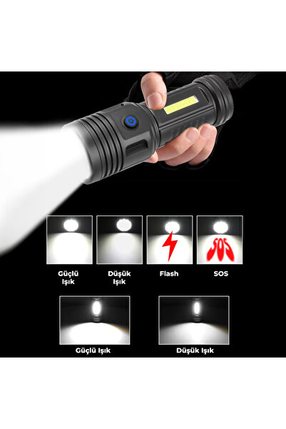 nelerbulurum Şarjlı Su Geçirmez 6 Modlu 12 Power Led + 9 Cob Led Mıknatıslı yan tarafı fener olabilen el feneri