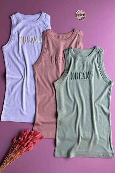VicTroy Dreams Modal Kumaş | 3'lü Çağla Yeşili, Beyaz ve Pudra Renk Kaşkorse Kadın Tshirt-Atlet Seti
