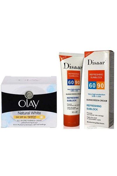 Disaar Natural White All-in-One Fairness Cream Plus Disaar Refreshing Sunblock Sunscreen Cream SPF UVA 90,