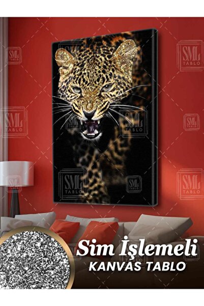SML TABLO Sim İşlemeli Vahşi Leopar Growling Afrika Aslan Pırıltılı Simli Dik...