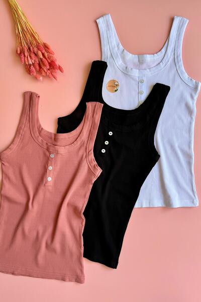 VicTroy Seta Bianca. |   3-Piece Button Detailed Black, White and Dusty Rose Cotton Camisole Women's Tshirt-Undershirt Set