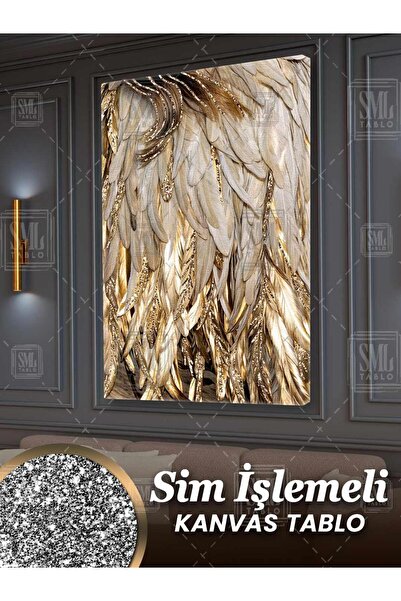 SML TABLO Sim İşlemeli Altın Pırıltılı Beyaz Kuş Tüyü Dekoratif Simli Dikey Kanvas Tablo