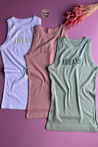 VicTroy Dreams Modal Kumaş | 3'lü Çağla Yeşili, Beyaz ve Pudra Renk Kaşkorse Kadın Tshirt-Atlet Seti