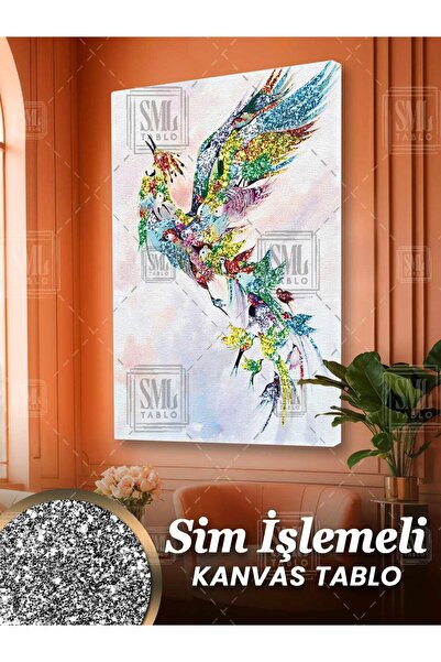 SML TABLO Sim İşlemeli Renkli Simurg Kuşu Zümrüdü Anka Uçan Pırıltılı Kuşlar ...