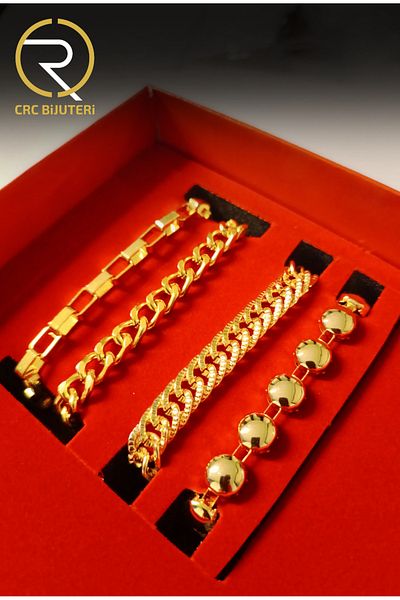 Crc Bijuteri Women's Gold Color Stylish 4-Piece Combination Bracelet Set |   Trend Combination Jewelry |