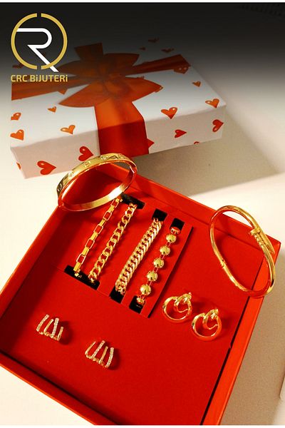 Crc Bijuteri Colorfast Special Gold Plated Gift Set of 8 |   Bracelet Bracelet Earring Combination |   Women's Jewelry Set |
