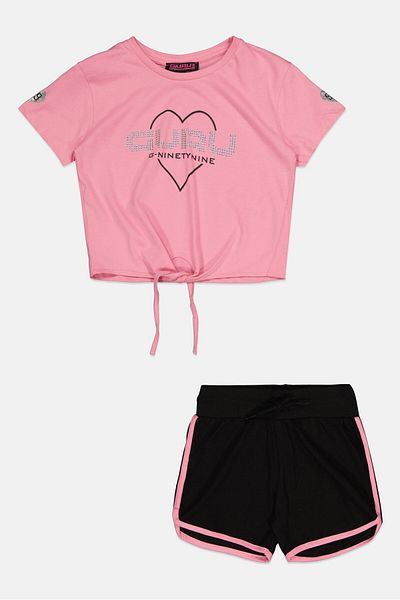 Guru 99 Kids Girl 2 Pieces Brand Logo Short Sleeves Top And Short Set, Multicolor