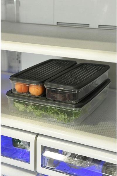 Hane216 Anthracite 3-Piece Storage Container with Lid, Refrigerator Organizer Suitable for Microwave and Freeze 4.5Lt