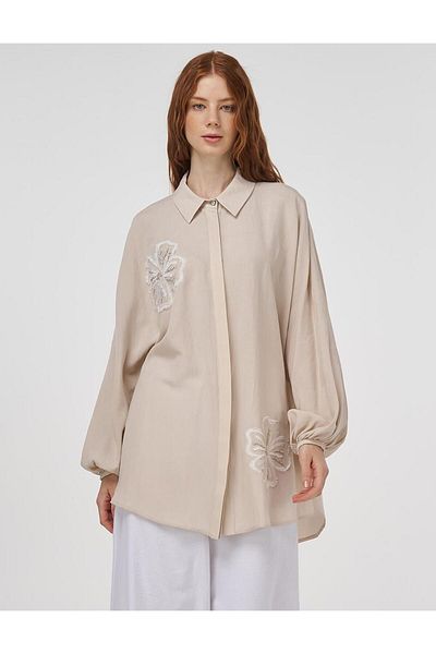 Kayra Embroidered Viscose Linen Tunic Cream