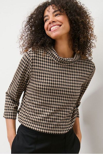 Tchibo Women Mock Neck Houndstooth 3/4 Sleeves Sweatshirt, Multicolor