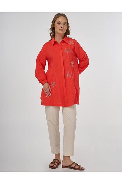 Kayra Beaded Cotton Tunic Coral