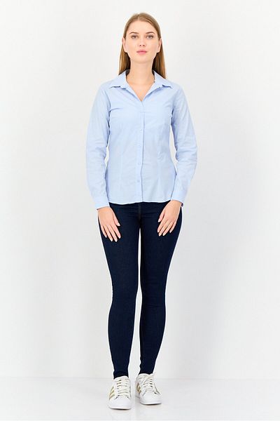 Koton Women Spread Collar Long Sleeves Plain Shirt, Light Blue