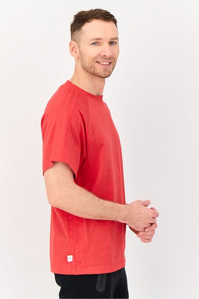 adidas Men Sportswear Fit Embroidered Logo Short Sleeves Outdoor T-Shirt, Red