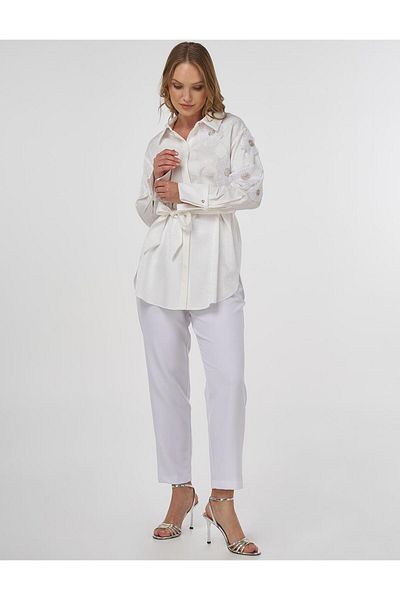 Kayra Flower Appliqued Satin Tunic Ecru