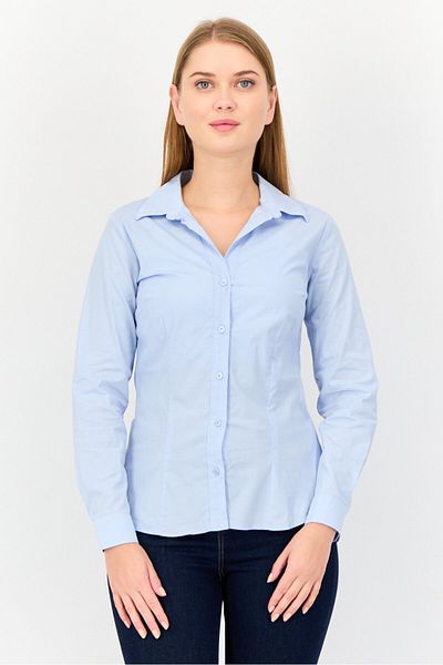 Koton Women Spread Collar Long Sleeves Plain Shirt, Light Blue