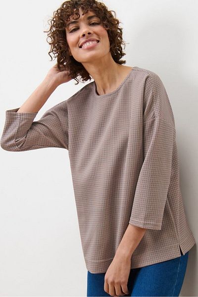 Tchibo Women Round Neck Gingham 3/4 Sleeves Sweatshirt, Taupe
