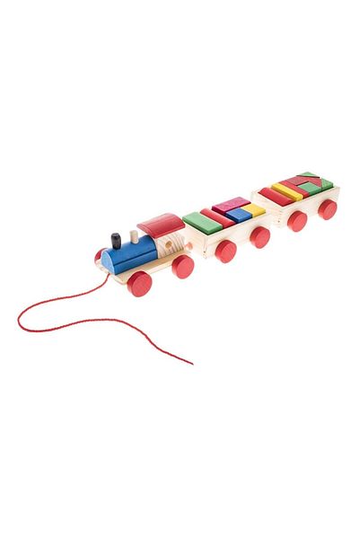 Wooden Toys Trenuleț cu 2 vagoane și blocuri de lemn pentru construcție