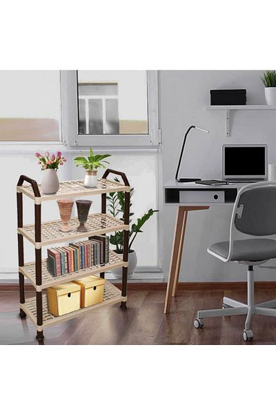 Living 4-Tier Multi-Purpose Plastic Shelf with Built-In Handle for Books, Bathroom, Kitchen