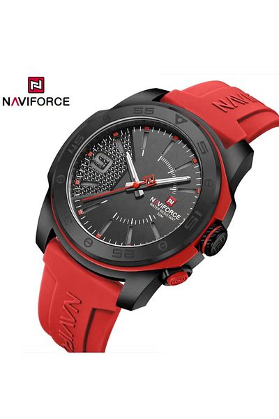 Naviforce Bold Red & Black Silicone Strap Watch – 43mm Quartz, Water Resistant