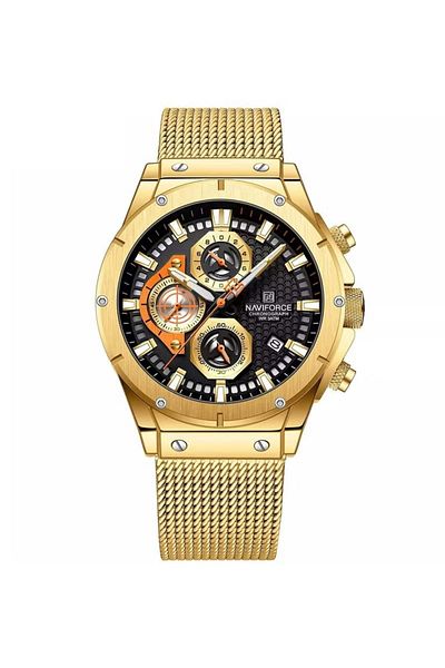 Naviforce Men's Chronograph Watch Black Dial Gold Mesh Strap Water Resistant