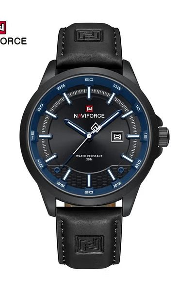 Naviforce Casual Leather Men's Watch – Black Dial & Blue Accents