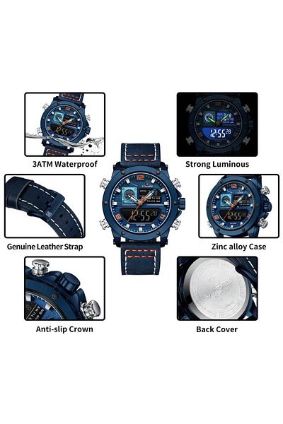 Naviforce Men's Dual Time Chronograph Watch – Leather Strap, Analog-Digital, 30M Water Resistant