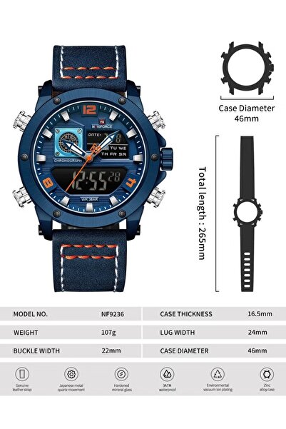 Naviforce Men's Dual Time Chronograph Watch – Leather Strap, Analog-Digital, 30M Water Resistant