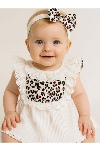 Zekids Baby Girl Leopard Patterned Bandana Bodysuit Dress