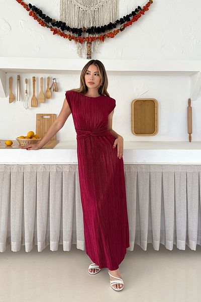 MİROR Women's Burgundy Pleated Midi Length Dress with Tie Detail