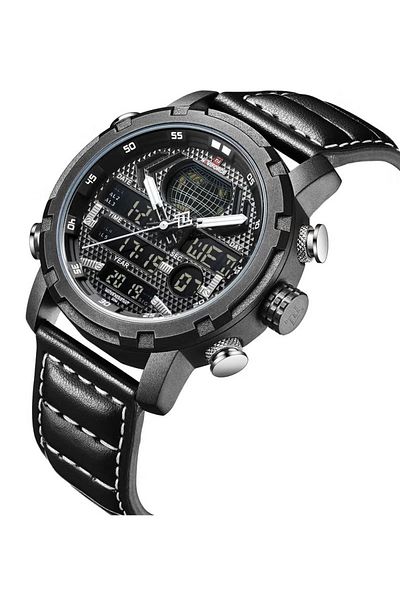 Naviforce Men's Tactical Chronograph Watch – 45mm Dual Display, Black Dial, Leather Strap, 30M Water Resistant
