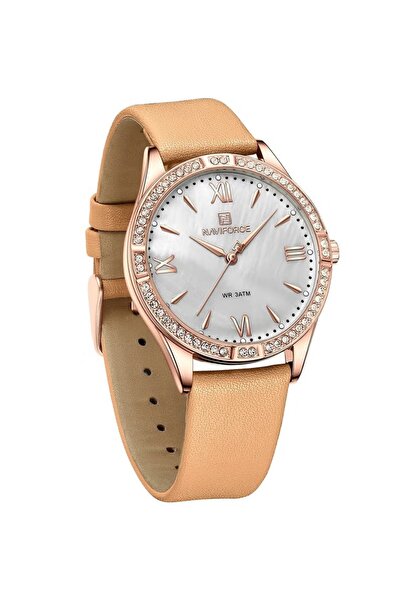 Naviforce Elegant Rose Gold Women's Watch –analog, Crystal Bezel, Brown Leather Strap