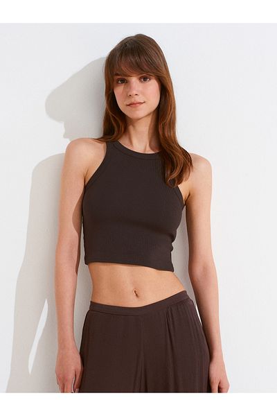 Dilvin 21104 Ribbed Crop Top-Dark Brown