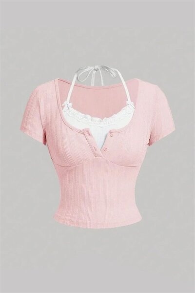 Karakedi Pembe Bağlamalı Kurdeleli Beyaz Ek Yakalı Y2K Kısa Kollu Crop